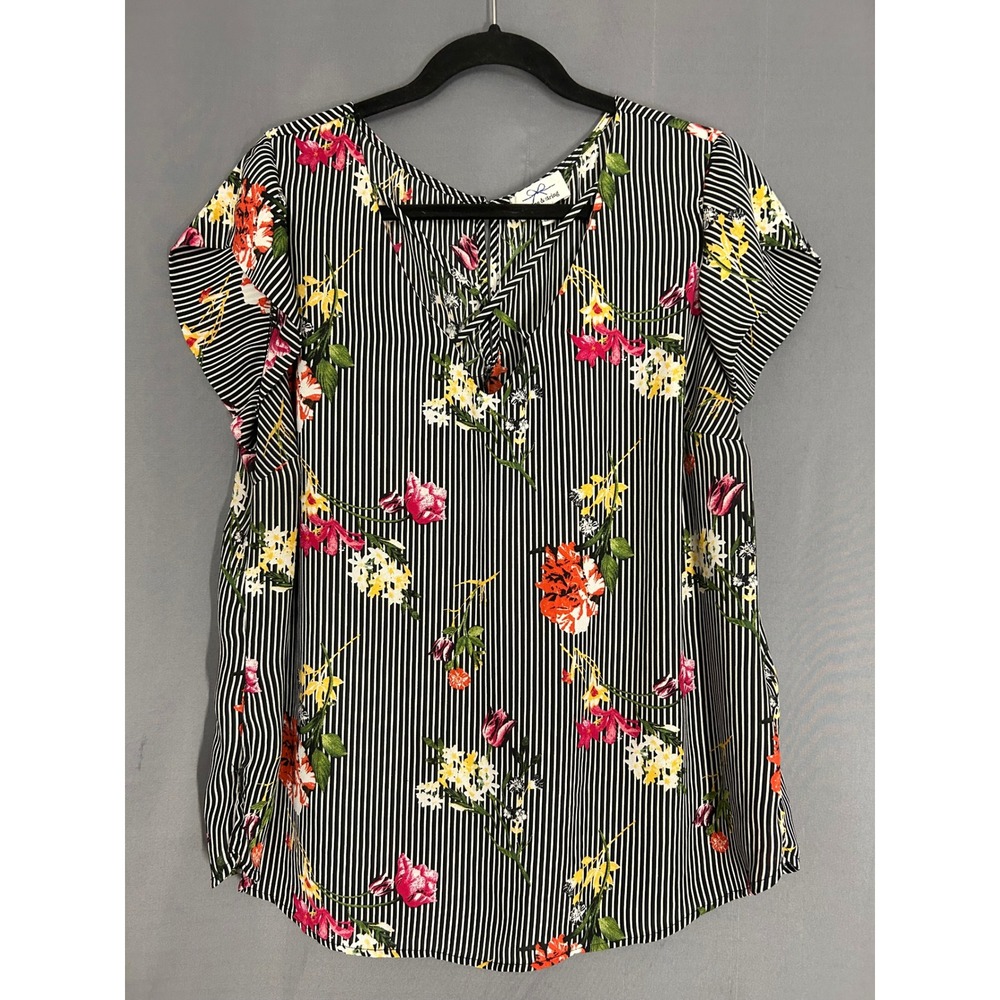Twine & String Womens 1X Floral Striped Flutter Sleeve V-Neck Blouse Black White